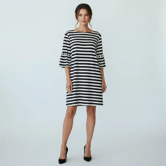 NWT Gianni Bini Black Ivory Striped Dress Bell Sleeve Lined Shift Women's L - Picture 1 of 13